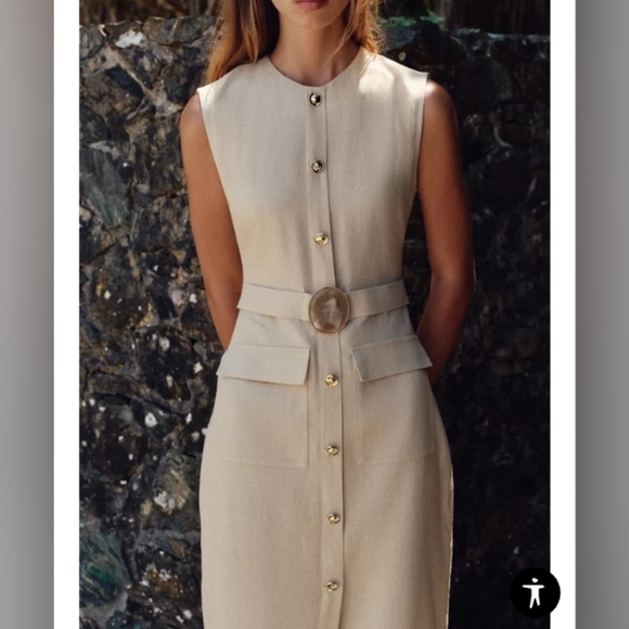 Zara Cream Midi Dress with Belted Waist - Picture 3 of 4